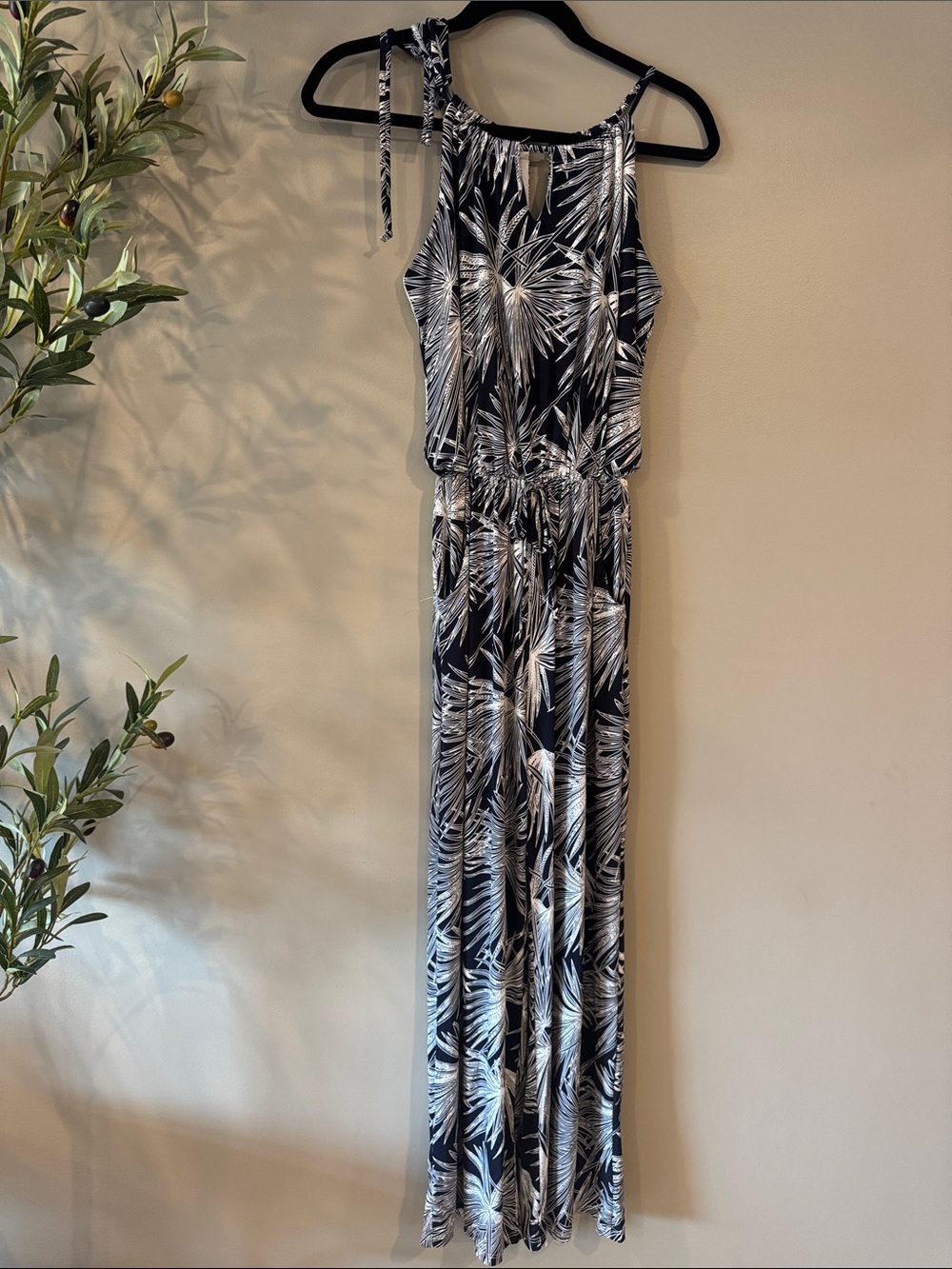 Boutique Navy & White Palm Print Maxi Jumpsuit